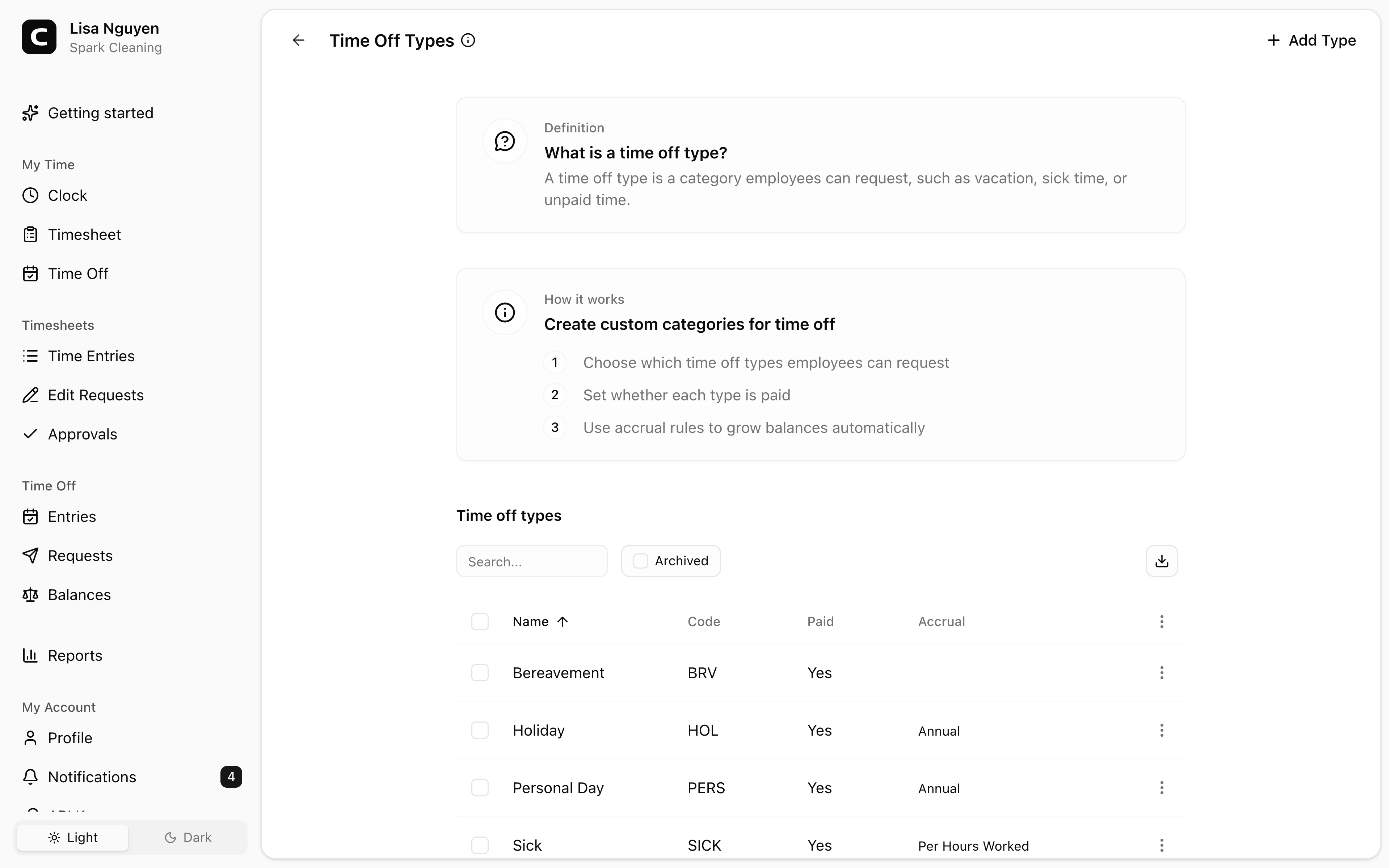 Clockspot Time Off Types screen. Define vacation, sick time, and other time off types, including whether they are paid and how balances accrue.