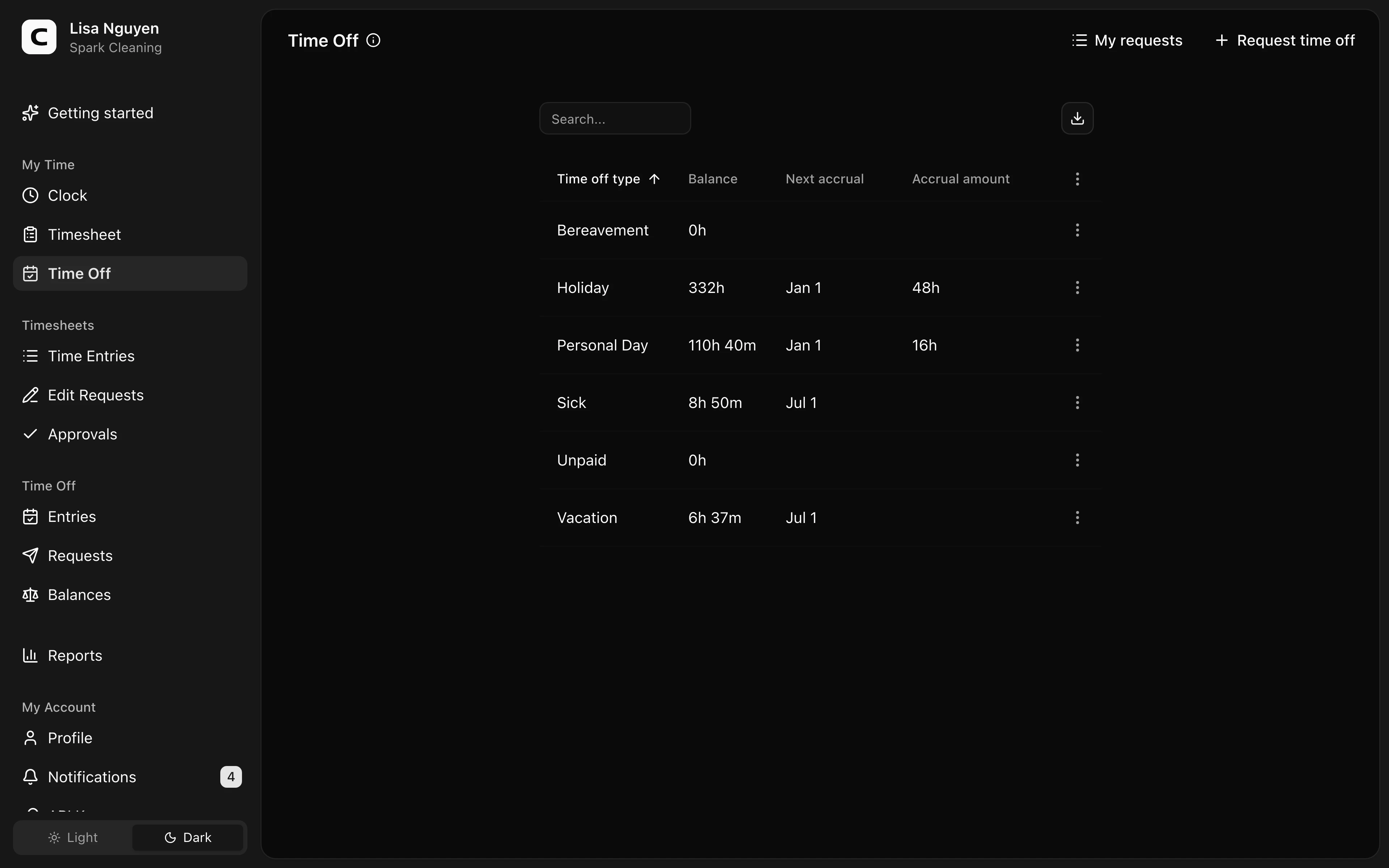 Clockspot Time Off screen. Check your time off balances and request time away.