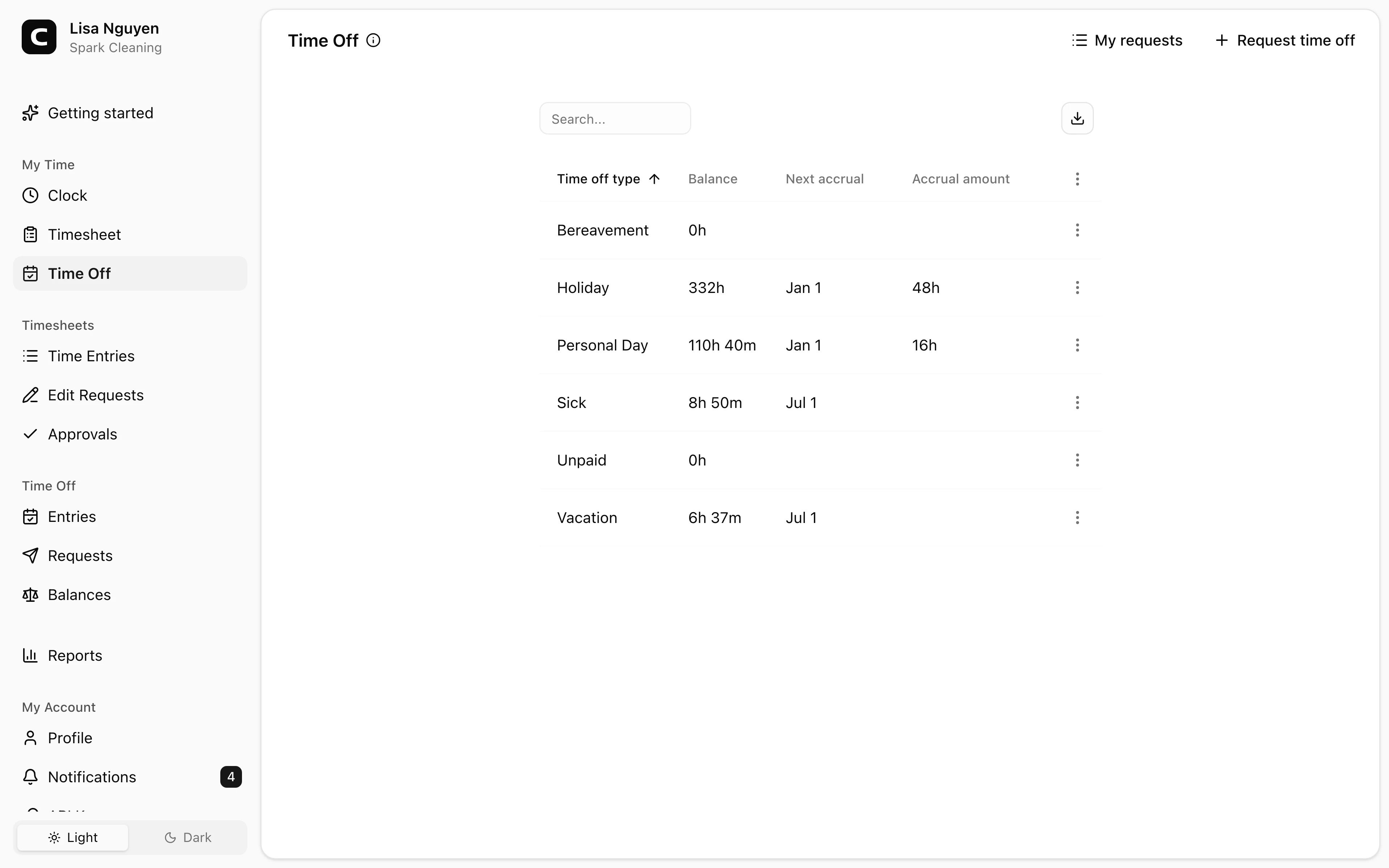 Clockspot Time Off screen. Check your time off balances and request time away.
