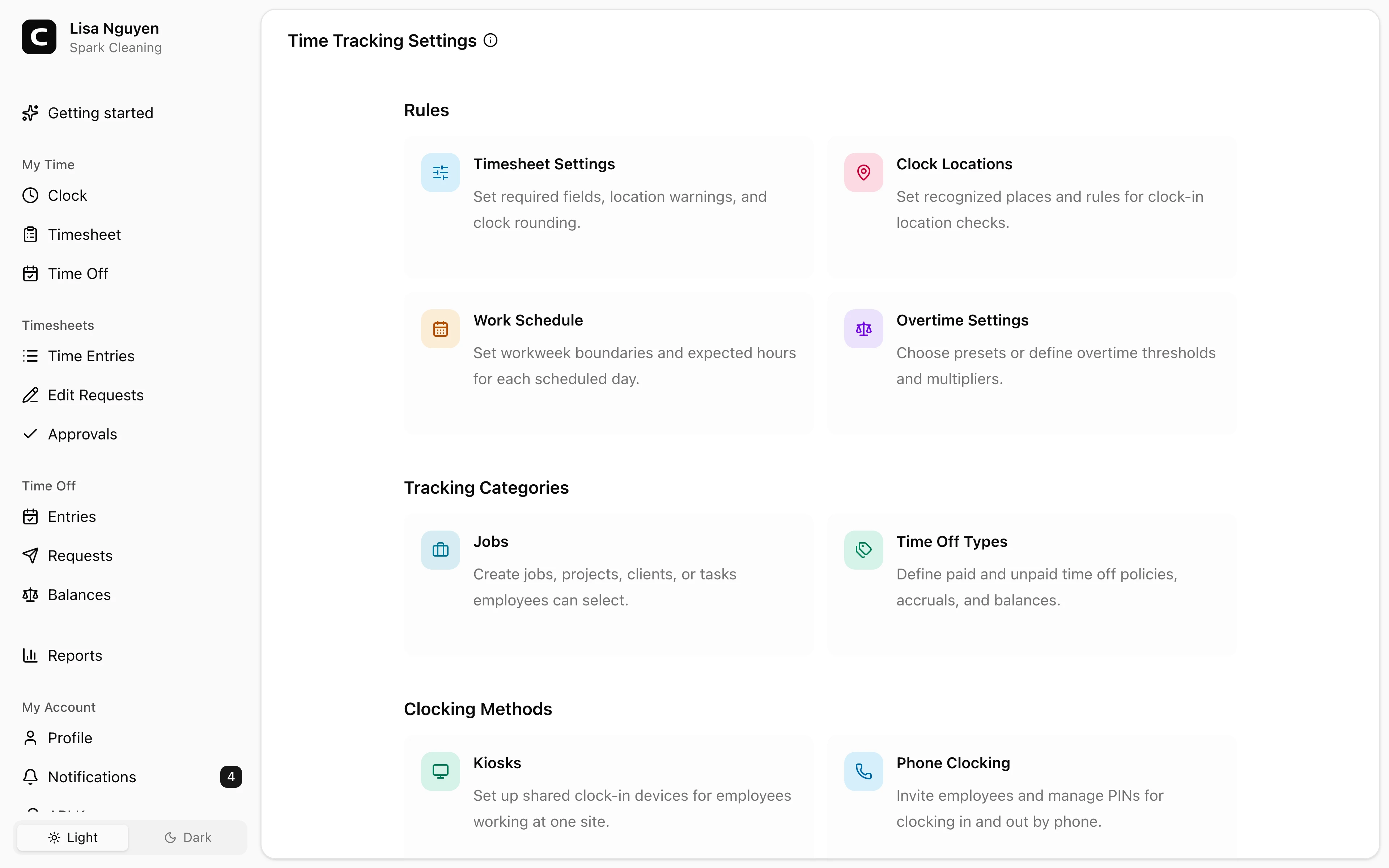 Clockspot Time Tracking Settings screen. Find the settings that control clock-ins, schedules, overtime, jobs, time off types, locations, kiosks, and phone clocking.