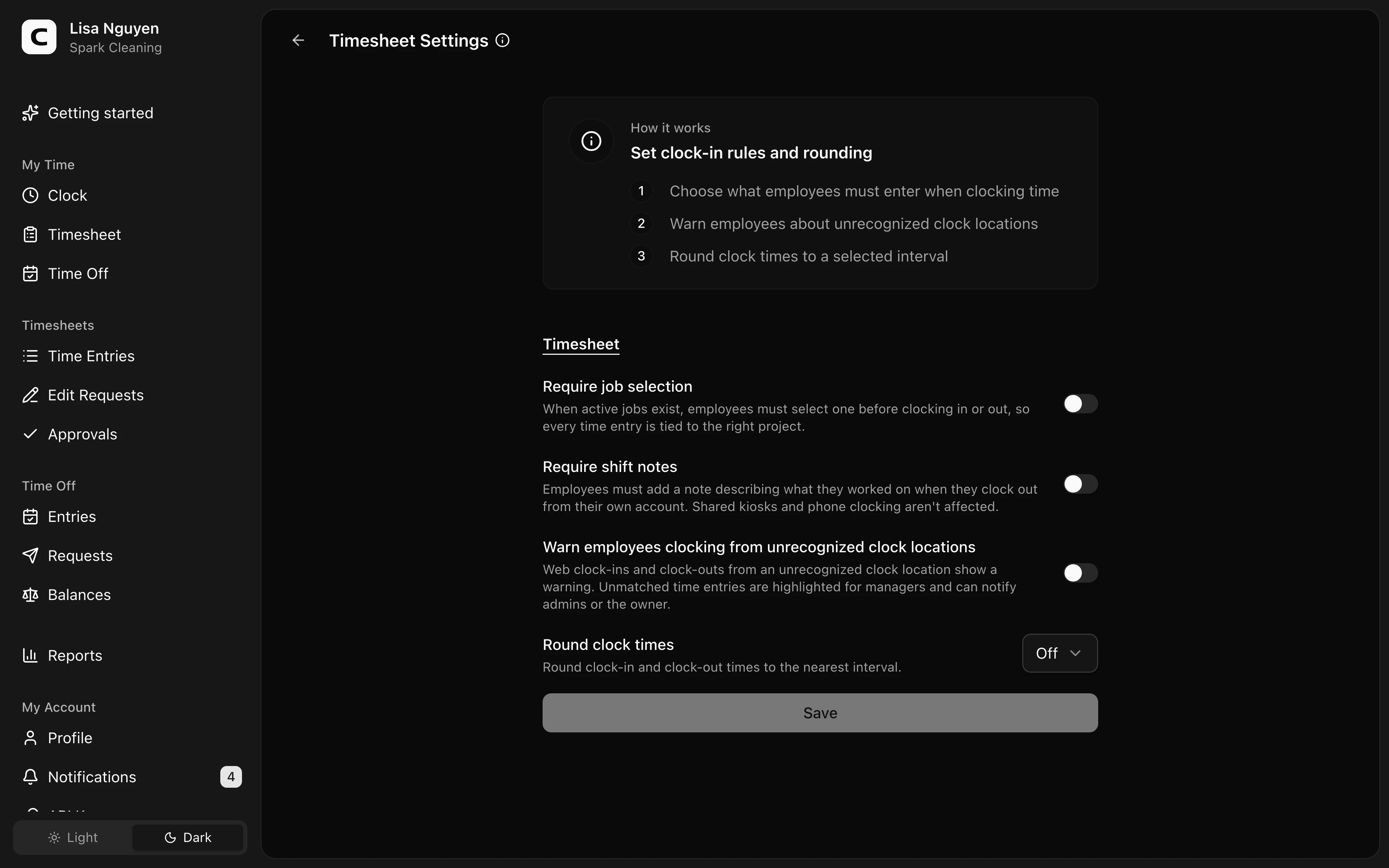 Clockspot Timesheet Settings screen. Set required time-entry details, unrecognized-location warnings, and clock-time rounding.