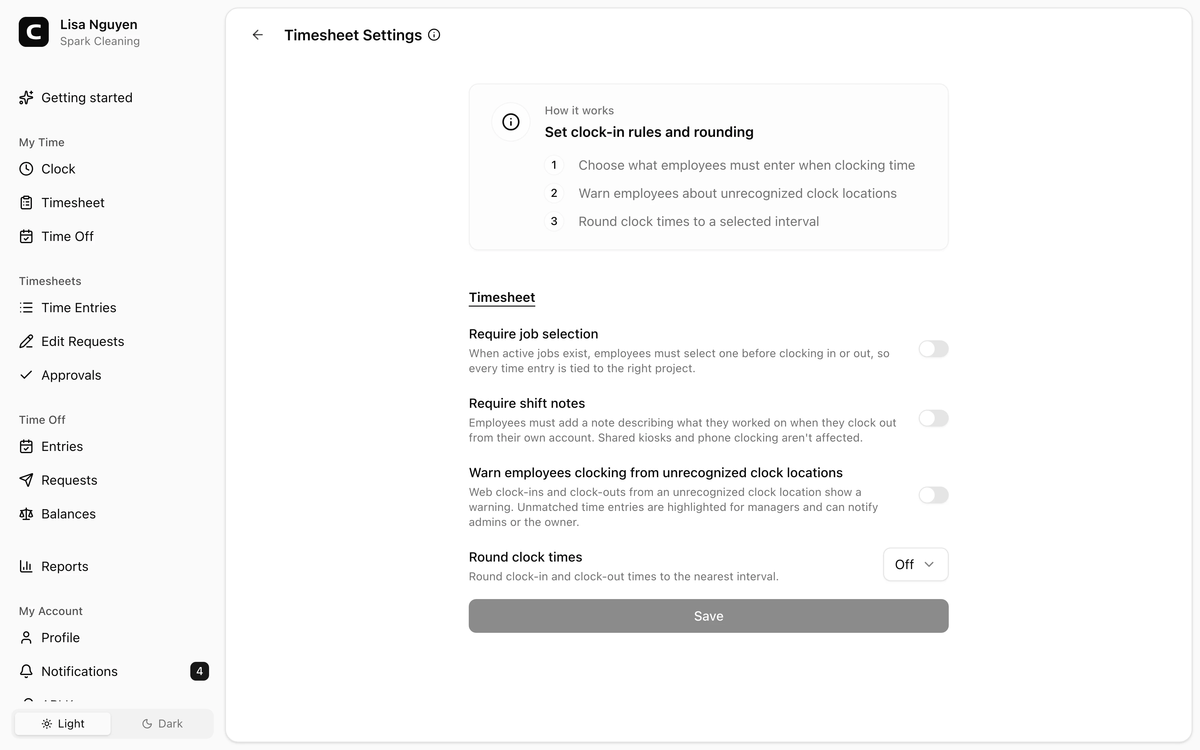 Clockspot Timesheet Settings screen. Set required time-entry details, unrecognized-location warnings, and clock-time rounding.