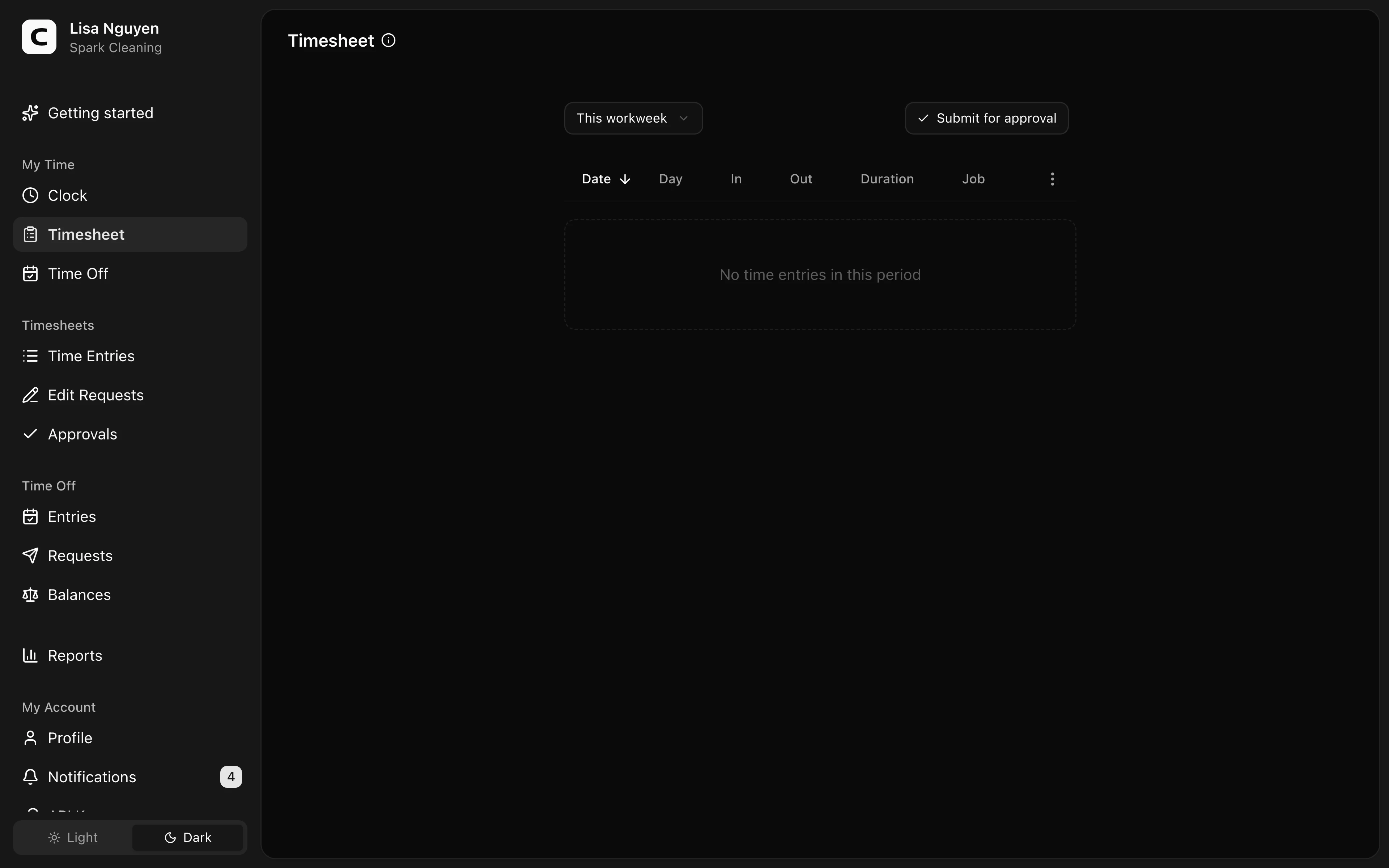 Clockspot Timesheet screen. Review your recorded time entries and submit them to your manager for approval.