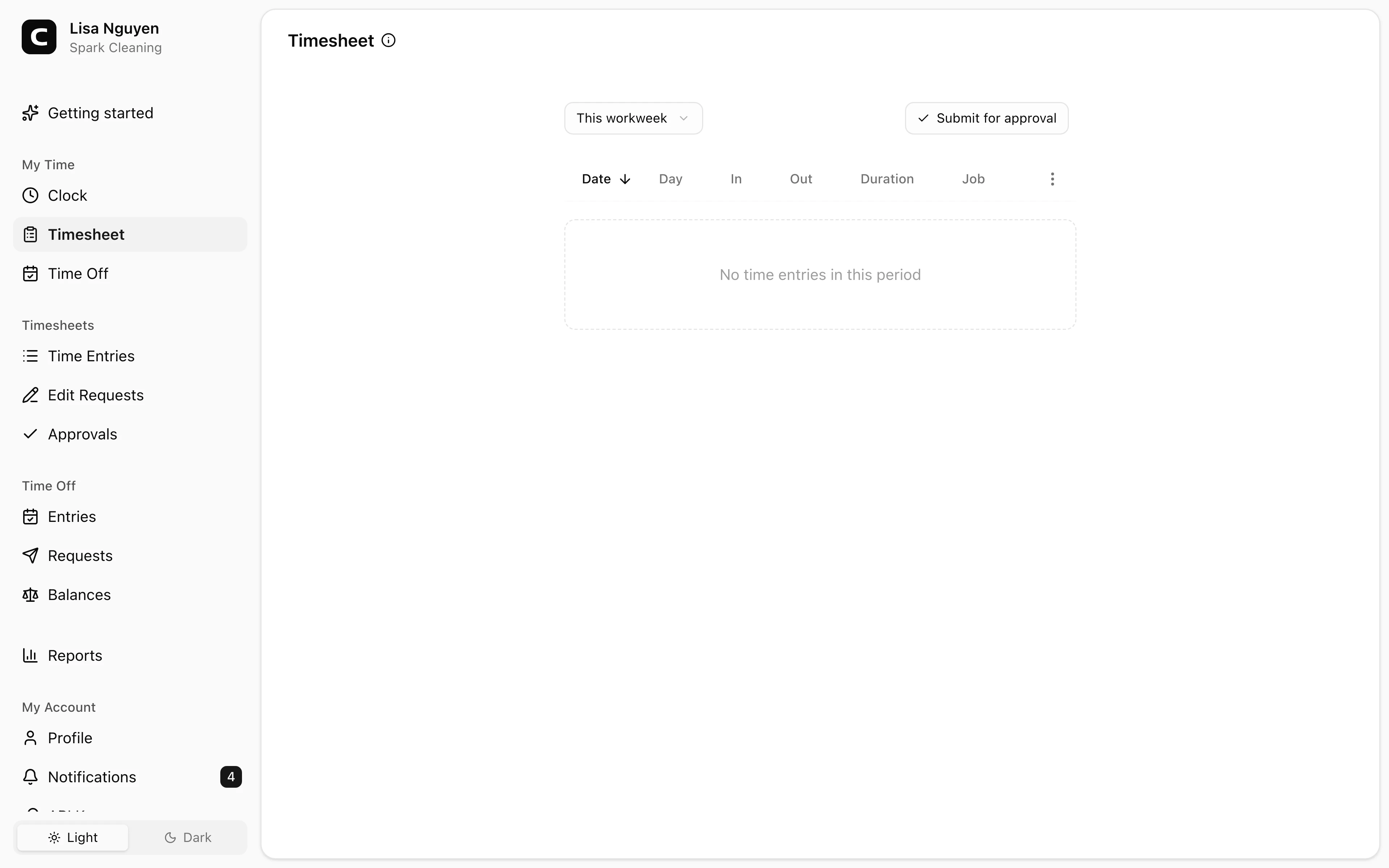 Clockspot Timesheet screen. Review your recorded time entries and submit them to your manager for approval.