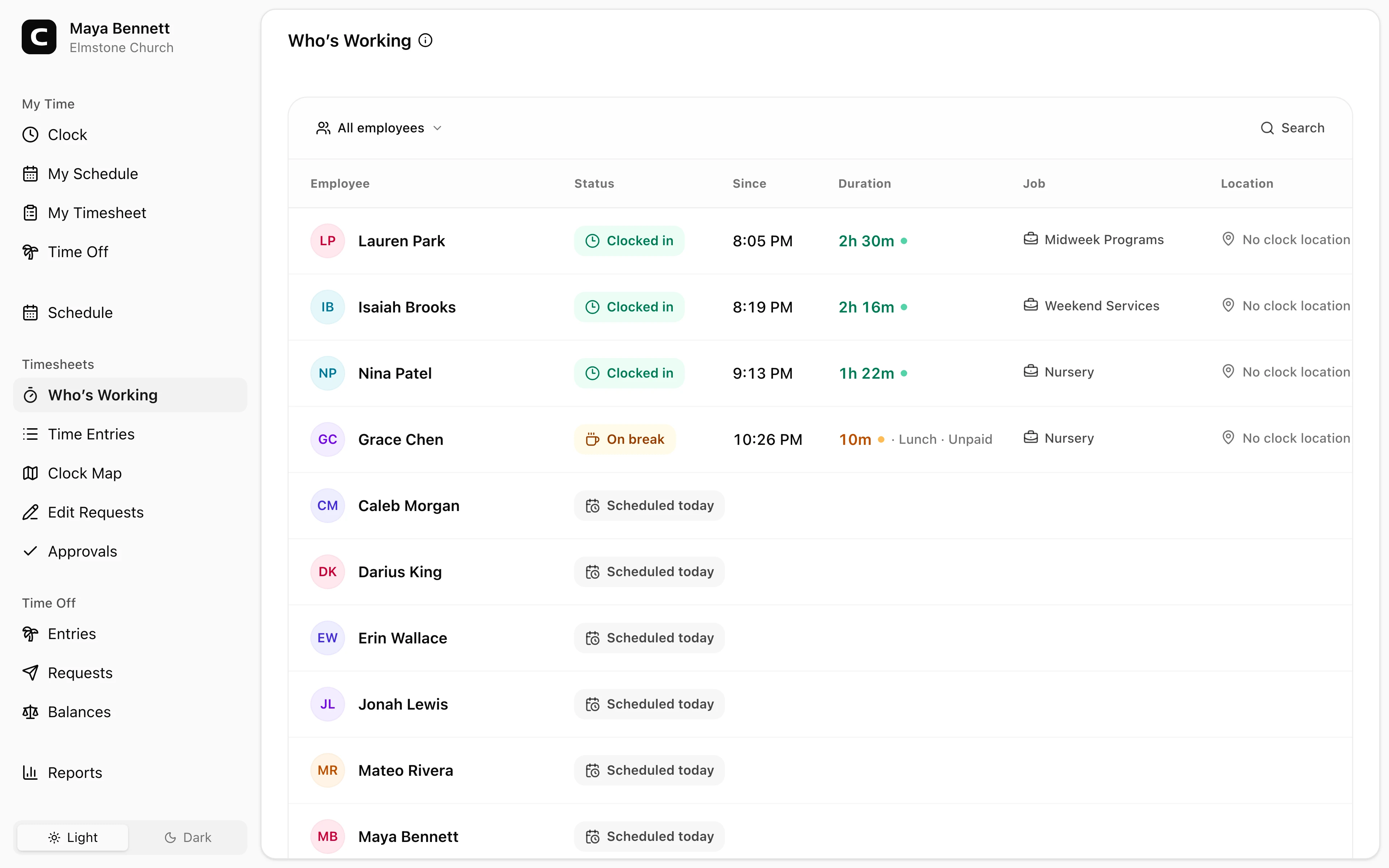 Clockspot Who's Working showing paid church employee status