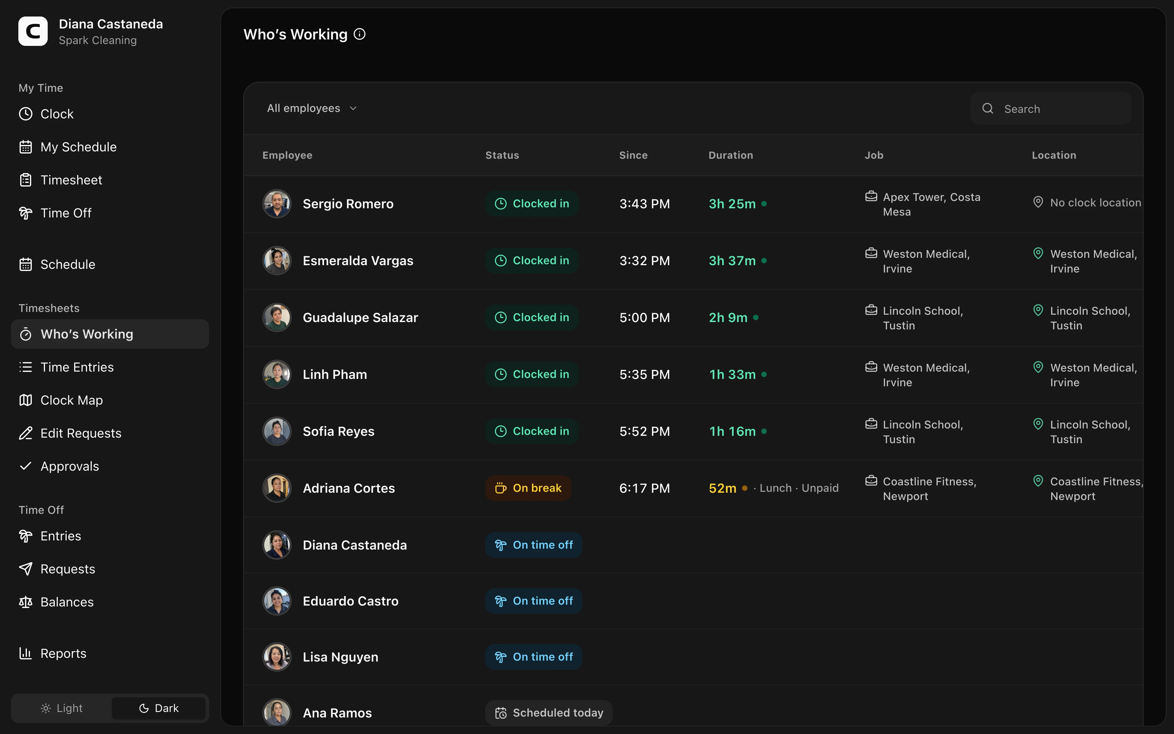 Clockspot Who’s Working screen. See who is working, on break, scheduled, on time off, or off duty right now.