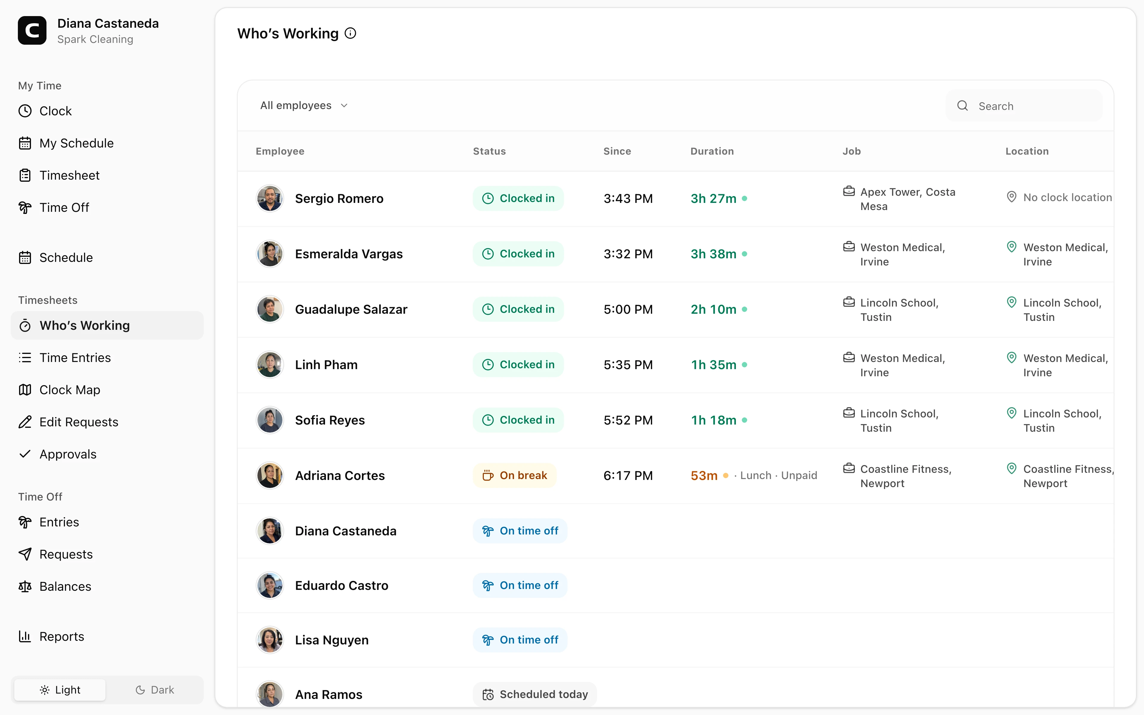 Clockspot Who’s Working screen. See who is working, on break, scheduled, on time off, or off duty right now.