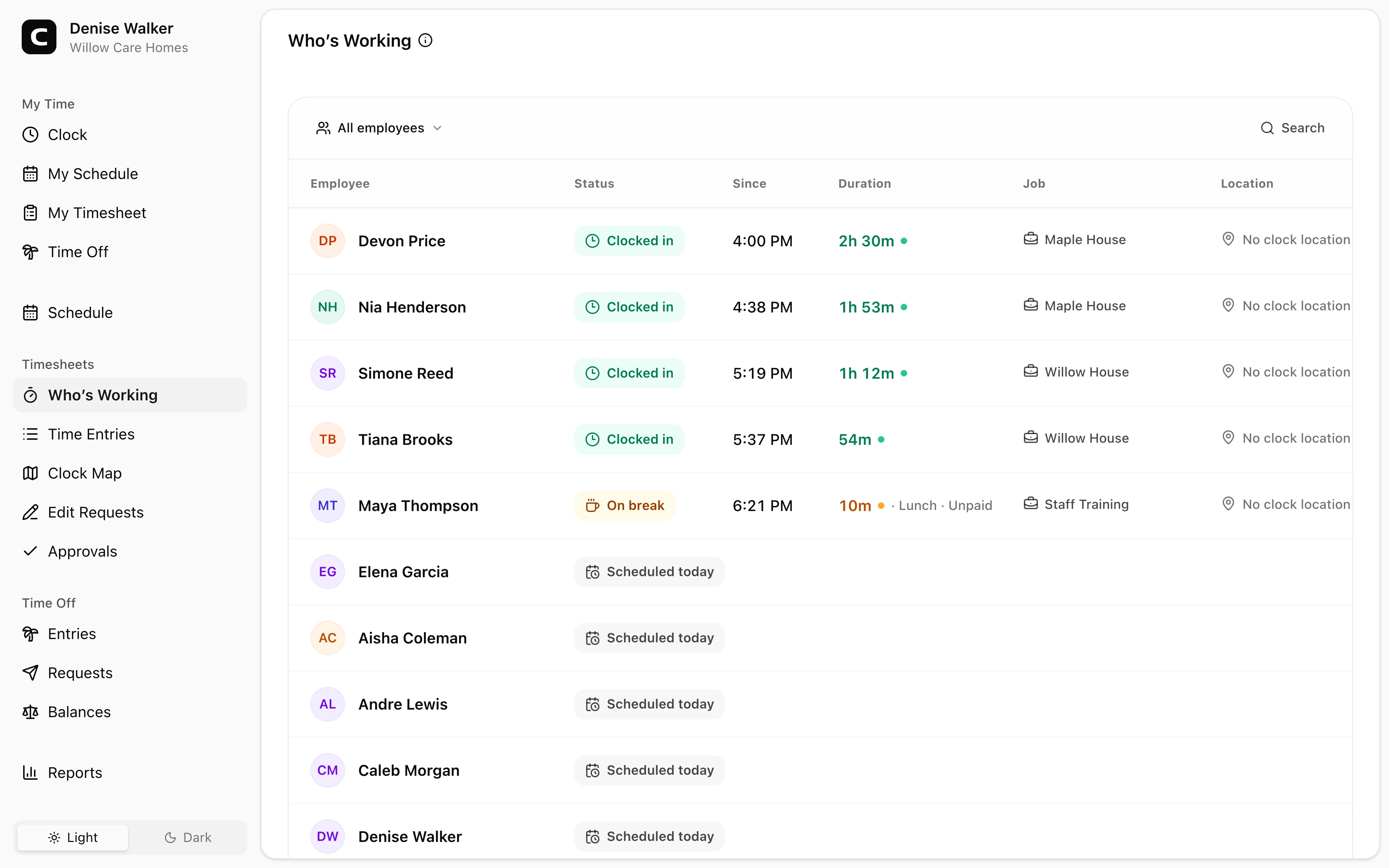 Clockspot Who's Working showing current residential care staff statuses