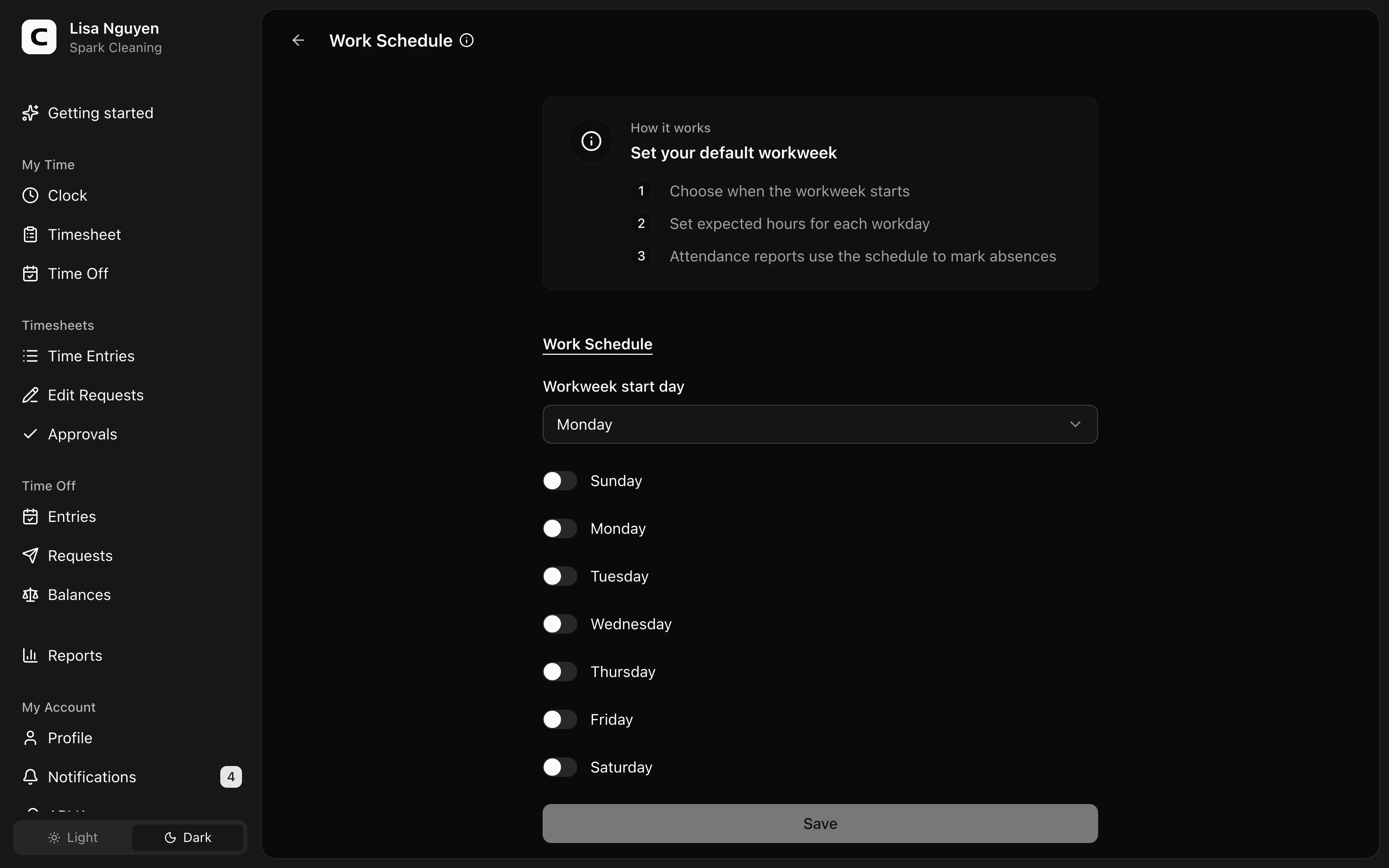 Clockspot Work Schedule screen. Set the default workweek and scheduled hours used by attendance and workweek-based reports.
