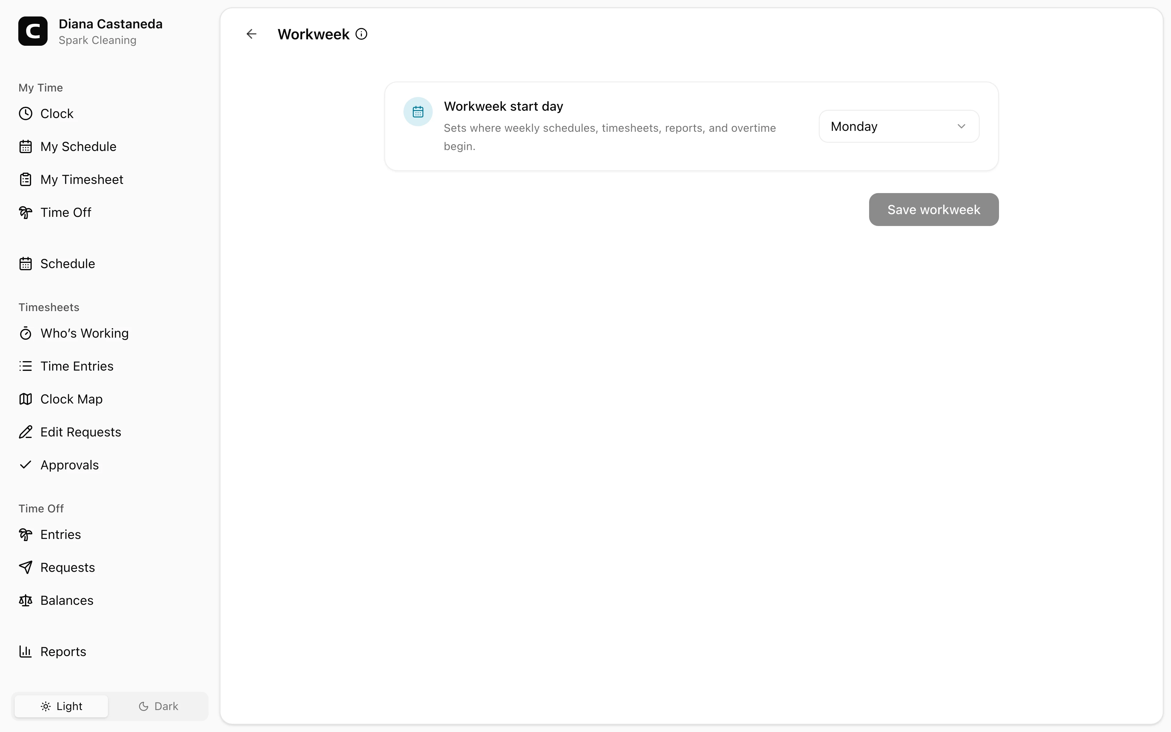 Clockspot Workweek screen. Choose where weekly schedules, timesheets, reports, and overtime begin.