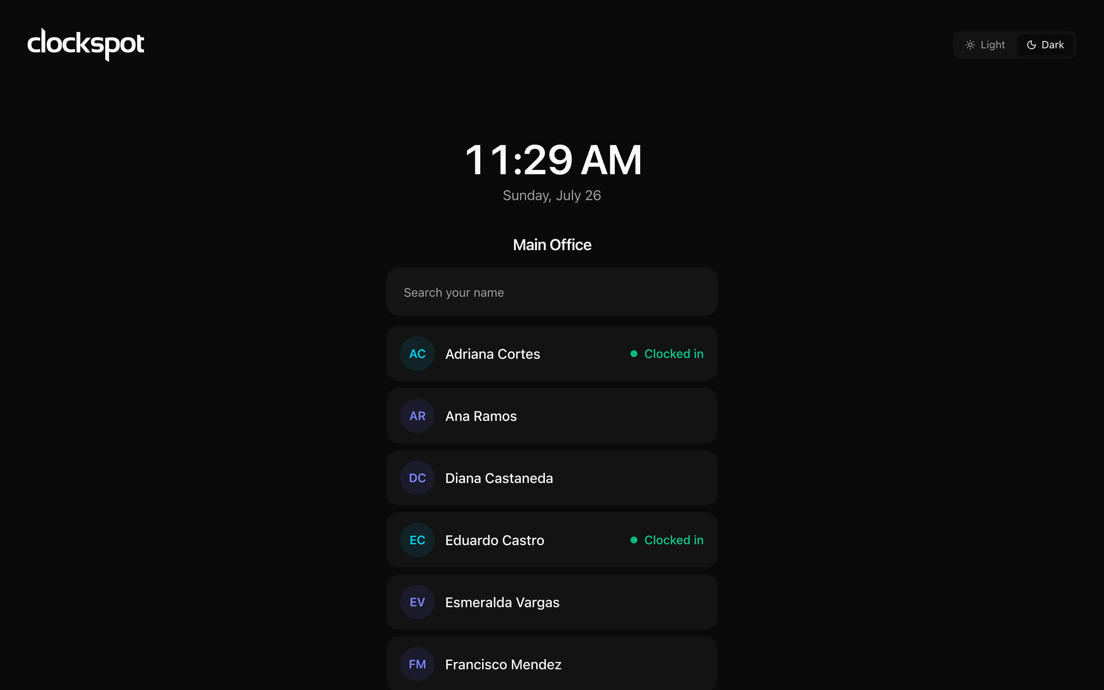 Clockspot kiosk screen