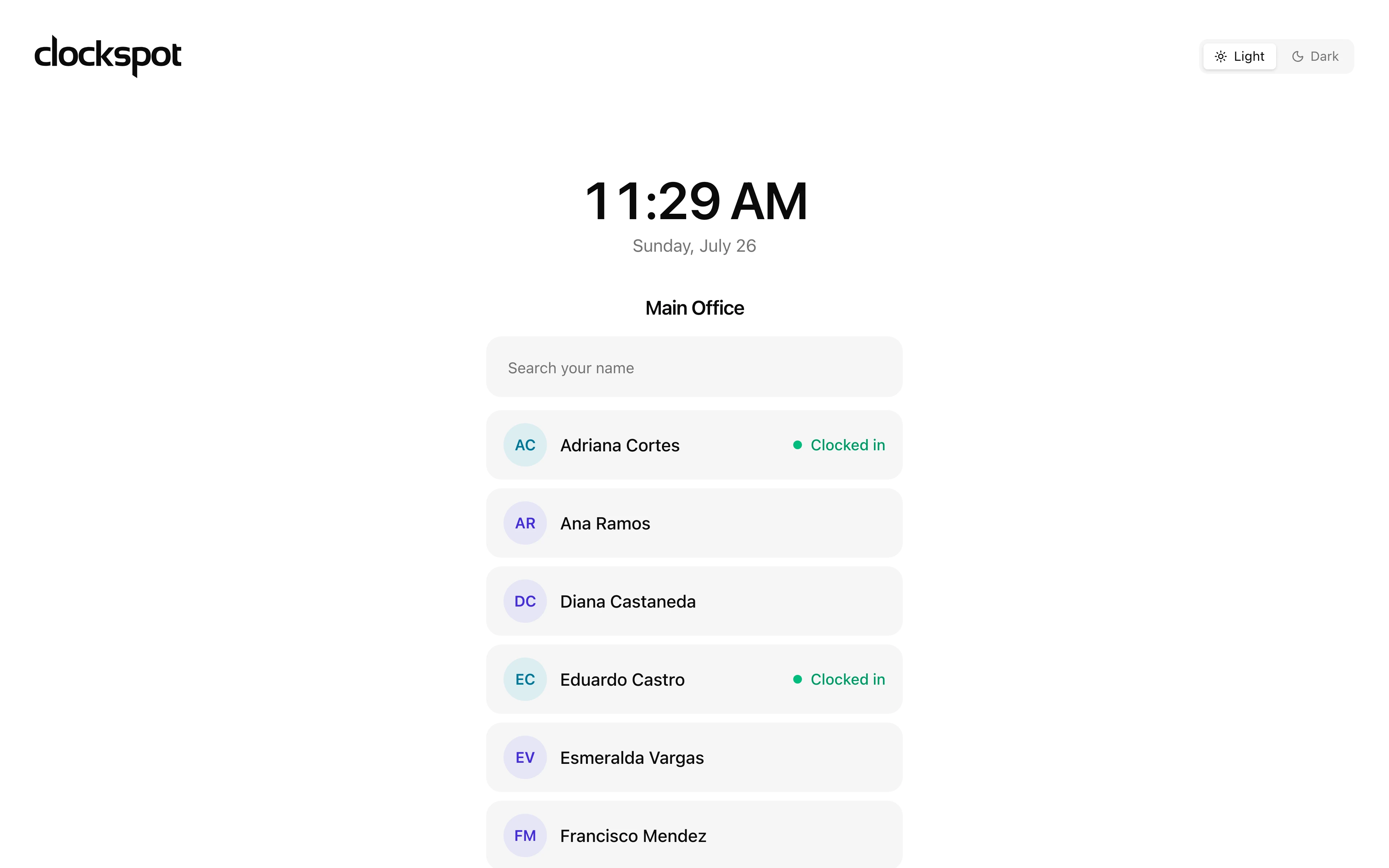 Clockspot kiosk screen