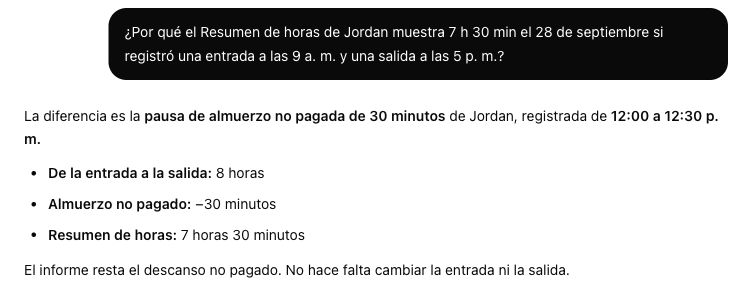 Conversación de ejemplo con el asistente de Clockspot que explica por qué el descanso para almorzar no pagado de 30 minutos de Jordan Lee deja 7 h 30 min en el Resumen de horas.