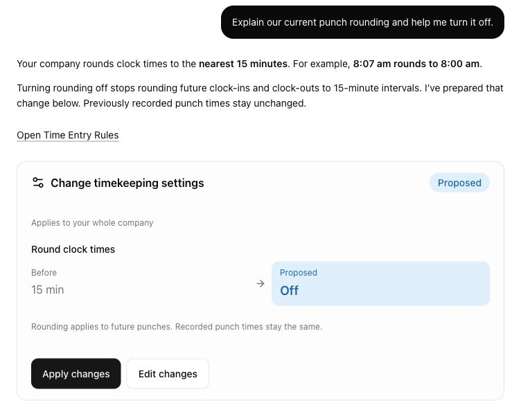 Example Clockspot Assistant conversation explaining nearest-15-minute punch rounding and reviewing a change to turn it off for future punches.