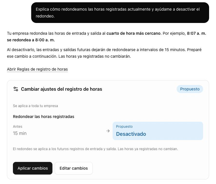 Conversación de ejemplo con el asistente de Clockspot que explica el redondeo al cuarto de hora más cercano y revisa un cambio para desactivarlo para los registros futuros.