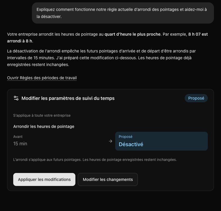 Exemple préparé de conversation avec l’Assistant Clockspot expliquant l’arrondi au quart d’heure le plus proche et présentant sa désactivation pour les futurs pointages. Les heures de pointage déjà enregistrées restent inchangées ; la modification attend d’être appliquée.