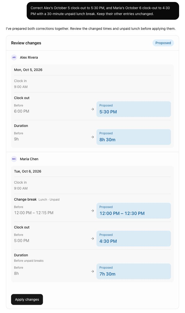 Example Clockspot Assistant conversation reviewing clock-out corrections for Alex Rivera and Maria Chen and Maria’s unpaid lunch correction.