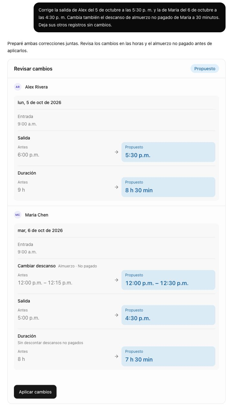 Conversación de ejemplo con el asistente de Clockspot que revisa cambios en las horas de salida de Alex Rivera y Maria Chen y en el descanso para almorzar no pagado de Maria.